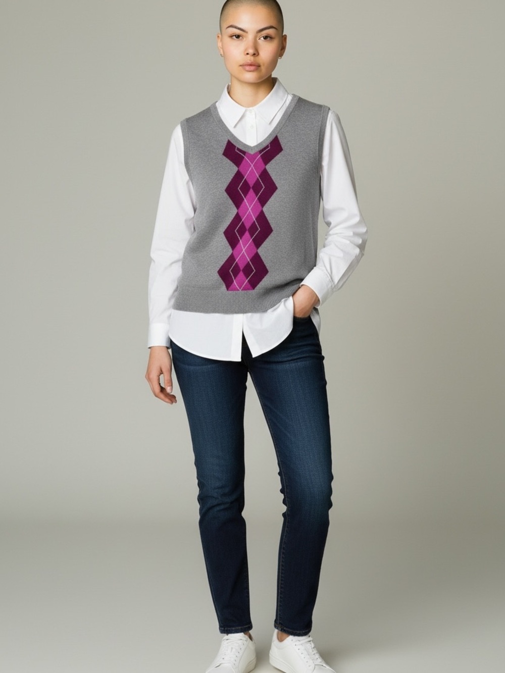 Izod Argyle Golf Academia Sweater Vest Grey Purple Medium